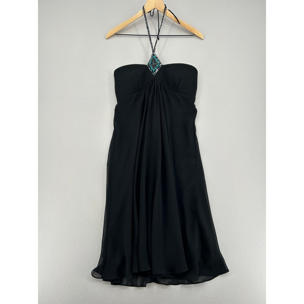 Eva Blue Black Halter Cocktail Dress Beaded Turquoise Medallion Size 8 Formal
